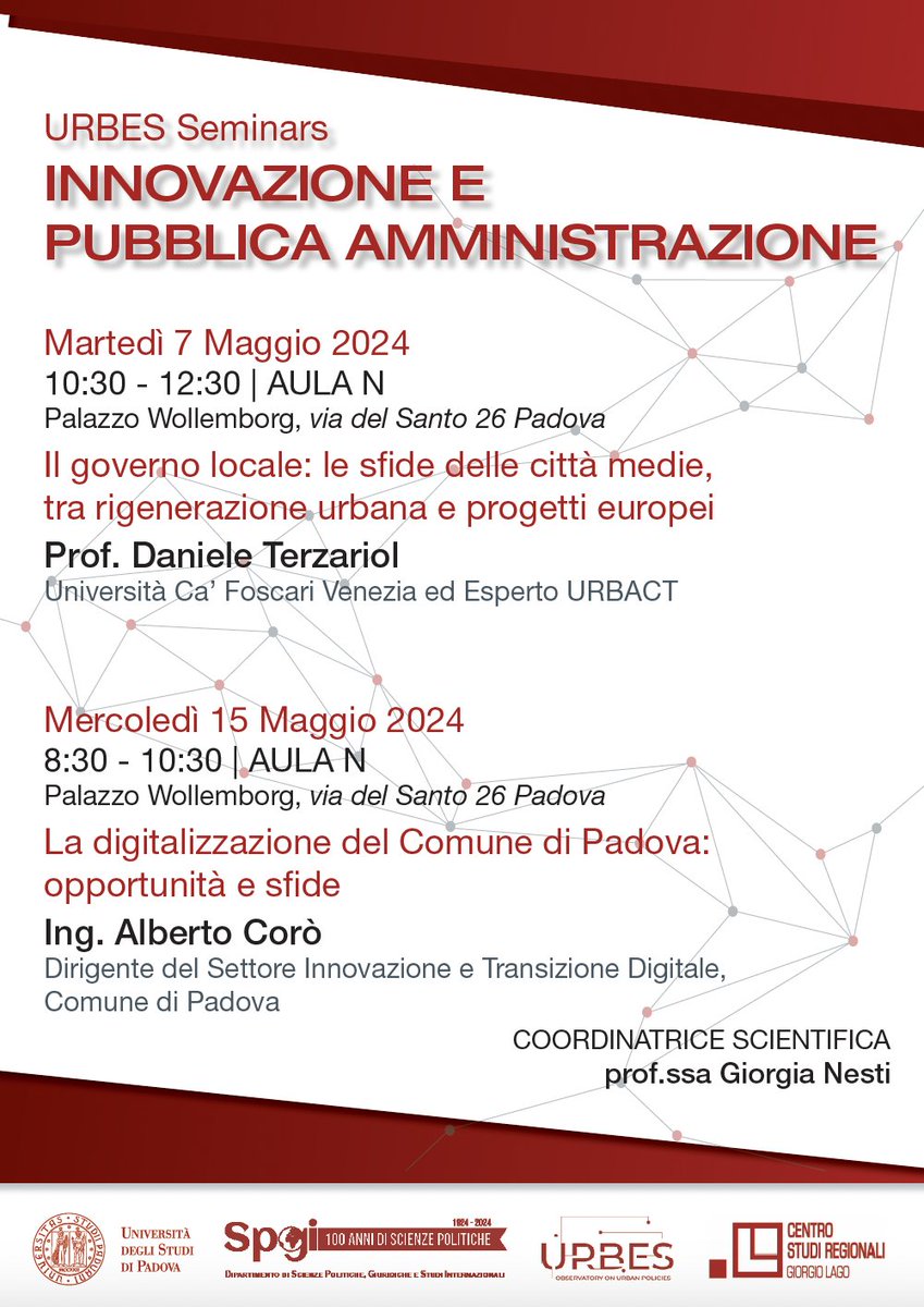 📢Nuovo ciclo di Seminari dell'Osservatorio URBES CISR G.Lago <a href="/marco_almagisti/">Marco Almagisti</a> su #InnovazionePA presso il Dipartimento SPGI <a href="/UniPadova/">Università di Padova</a> con <a href="/danieleterz/">Daniele Terzariol</a> e Alberto Corò 👇