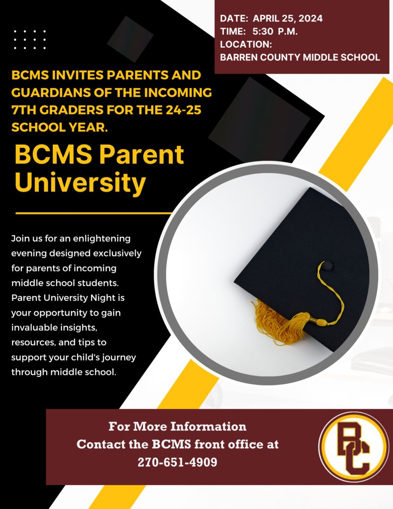 If you have a child starting 7th grade at BCMS next year, be sure to mark your calendar for the BCMS Parent University! The middle school will host the event on April 25 at 5:30 pm. #WeareBC