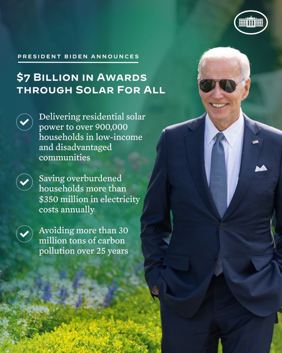 WhiteHouse46's tweet photo. On Earth Day, President Biden is announcing $7 billion in awards to help deliver solar power to over 900,000 households in low-income and disadvantaged communities across the country – giving Americans more breathing room and cleaner breathing room. https://t.co/BwtzBNoQxS