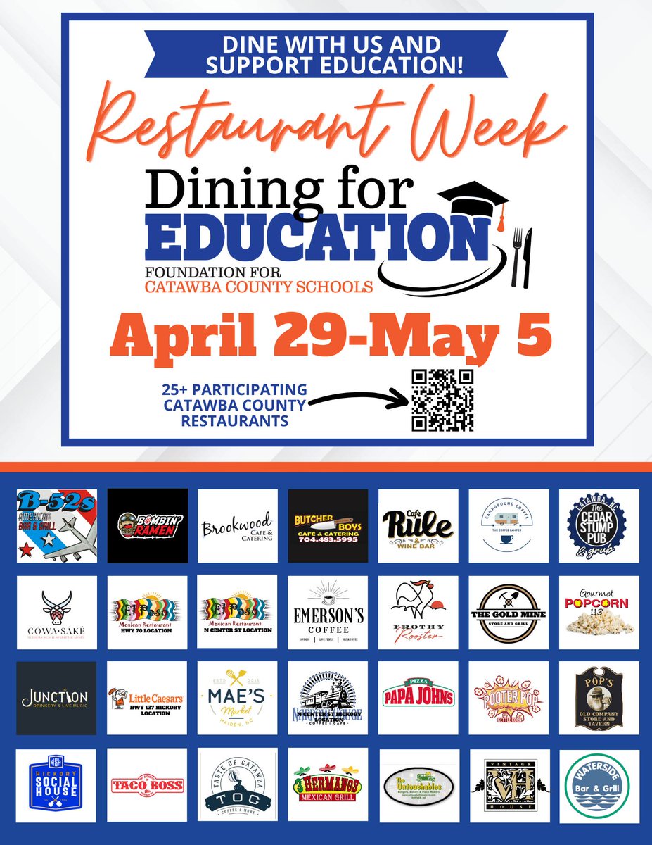 📷 Exciting news! Next week, April 29 - May 5, is Restaurant Week, a celebration of flavors and culinary delights! Throughout this week, we'll be introducing you to each of our amazing restaurant partners on our Catawba County Schools Facebook page. Stay tuned!