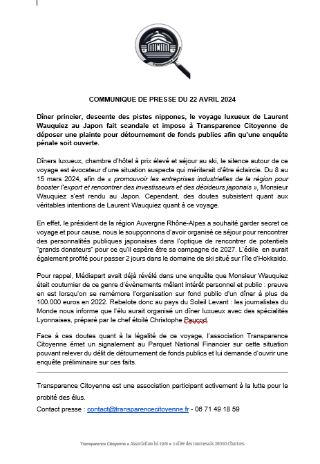 TransparenceCit's tweet photo. ⚠️Après le #Tahitigate, @TransparenceCit se saisit du #Japangate et du voyage que @laurentwauquiez a entrepris au Japon, sur fond public. Diner onéreux, descente de piste de ski et hôtel luxueux sont autant d'élément qui nous ont poussé à porter plainte contre @laurentwauquiez https://t.co/jXzIr2KDnz
