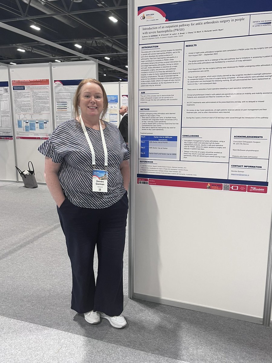 Wonderful opportunity to share the benefits of our patient ankle arthrodesis in severe haemophilia at #WFHCongress2024 which has been standard since 2021 saving 21 bed days @stjamesdublin #ncc