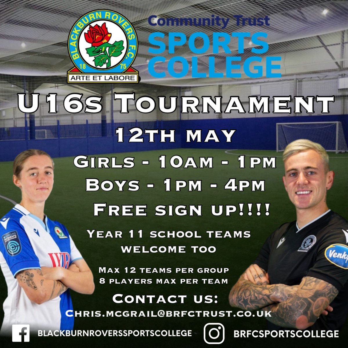 🌟Calling all young football talents! 🏆Join us for an action-packed U16s tournament hosted by Blackburn Rovers Sports College at the BRIC! ⚽️Girls tournament kick off at 10am, followed by boys at 1pm. Open to Year 11 players and school teams! 📧Contact