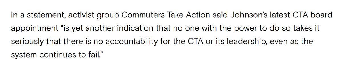 It's really no wonder that the CTA is the mess that it is. The Board is a $25k/year political giveaway, not a serious body. 'Out of more than 50 appointments to the CTA board over the past 40 years, only three were transportation experts'