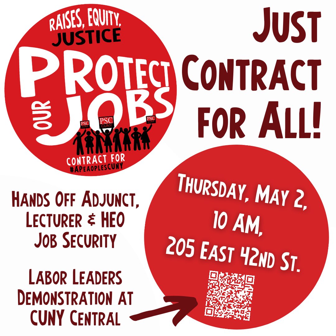 PSCers & state & national labor leaders will join together on May 2nd to call out #CUNY management’s attacks on job security provisions of our contract that protect long-serving adjuncts, HEO series employees, & others. Contract for #APeoplesCUNY Join us: psc-cuny.org/calendar/hands…