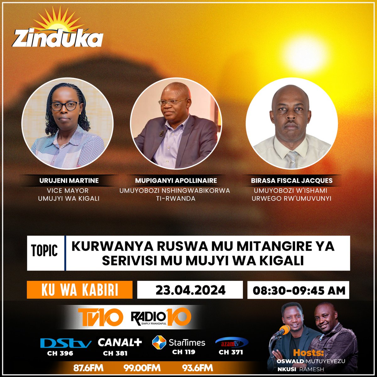 Turabararikira ikiganiro #Zinduka cyo kuri uyu wa Kabiri tariki ya 23/04/2024 @Radiotv10rwanda guhera 08H30. Kizibanda ku ngamba zo gukumira no kurwanya ruswa mu mitangire ya serivisi mu Mujyi wa #Kigali.