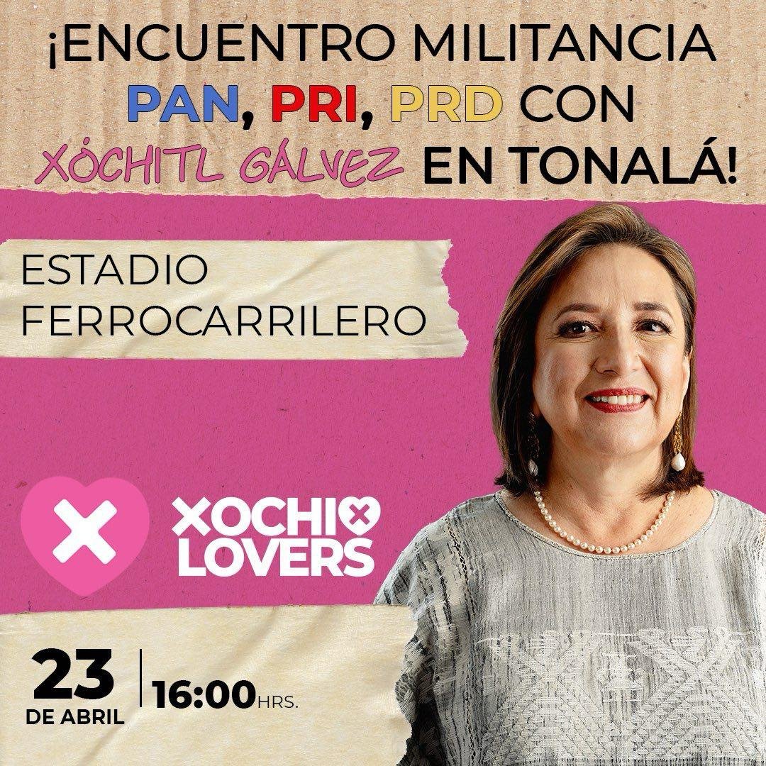 📣 Xochilovers de #Tonalá nos vemos este 23 de abril para acompañar a nuestra querida @XochitlGalvez y seguir demostrando que todos lXs Mexicanos Xingones queremos un #MxSinMiedo. 🩷🤞🏻 Link de registro para el evento: xochilove.rs/xg_tonala