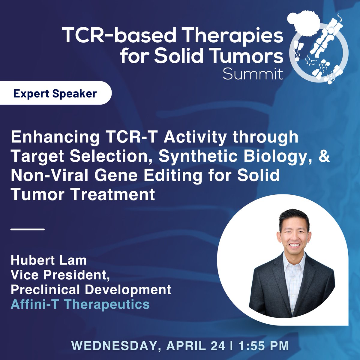Our VP of Preclinical Development, Hubert Lam, will share insights on techniques for enhancing #TCR therapies such as #geneediting and #syntheticbiology at the TCR-based Therapies for Solid Tumors Summit in Boston. More details here: ter.li/utsw66.