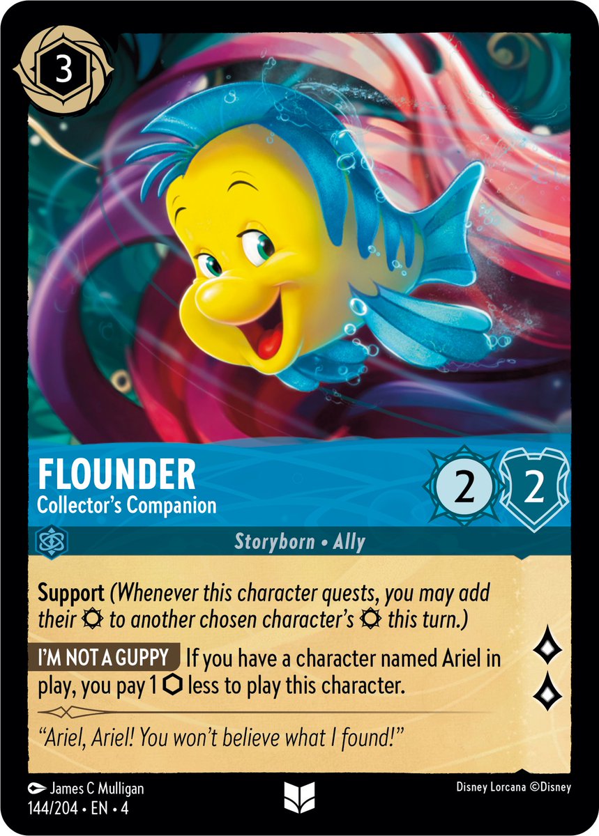coflorcana's tweet image. It’s pretty fitting that the most busted card in set 4 is also Flounder #Lorcana #notbiased