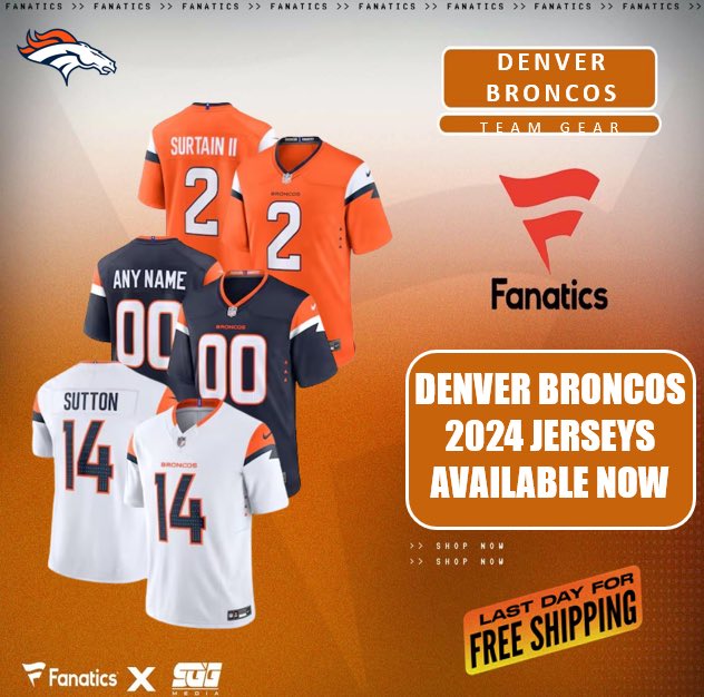 DENVER BRONCOS 2024 JERSEYS AVAILABLE NOW @Fanatics🏆 BRONCOS FANS‼️Get your new Denver Broncos jerseys today and receive FREE SHIPPING using THIS PROMO LINK: fanatics.93n6tx.net/BRONCOSDEAL 📈 HURRY! SUPPLIES GOING FAST🤝