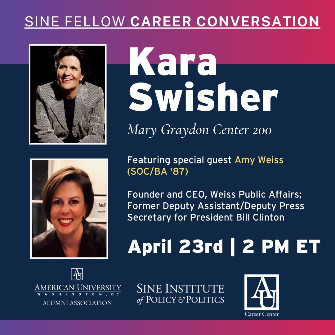 Happening TOMORROW at 2 PM in MGC 200! Sign up now to join #2024SineFellow @karaswisher for her #SineCareerConvo! Don't miss a great opportunity for free career advice and fun discussion with Kara. Cosponsored @AUCareerCenter @AmericanUAlum Register: american.swoogo.com/KaraSwisher