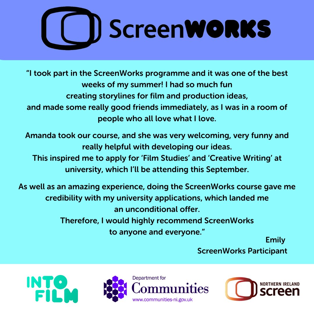 Some amazing feedback from Emily who recently took part in our ScreenWorks programme! Delighted we were able to provide such an enjoyable and valuable educational experience, and we wish her all the best for the future ☺️ Are you 14-19yrs old, interested in getting some work