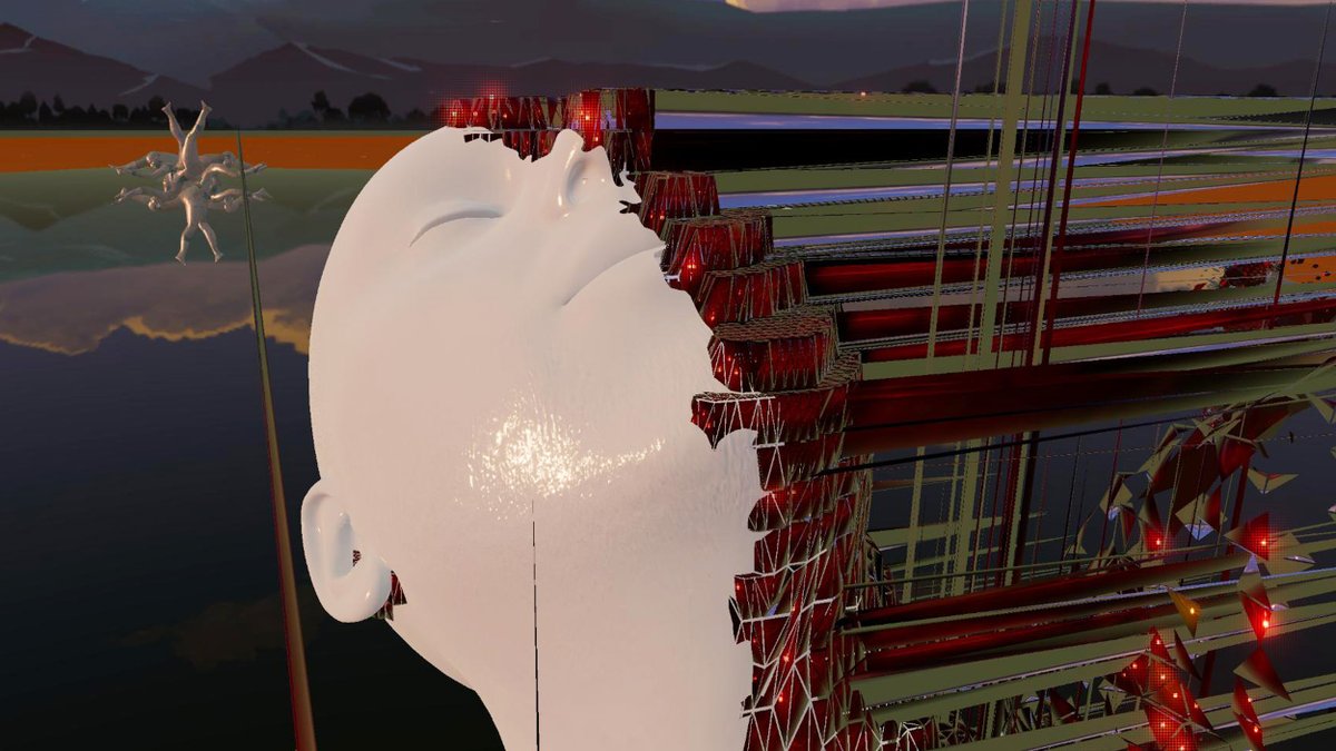 Incredible seeing new 3D works for the upcoming /SPATIAL <a href="/objktone/">objkt.one</a> drop installed in <a href="/decentraland/">Decentraland</a> 

This is "Thorns" by <a href="/Micah_Alhadeff/">𝔪𝔦𝔠𝔞𝔥 𝔞𝔩𝔥𝔞𝔡𝔢𝔣𝔣</a>, with "Aperture I" by <a href="/leahsmithsonart/">Leah Smithson Art</a> in the distance. Taken with Decentraland's in-world camera. 
(Tomorrow's Live Tour link below)