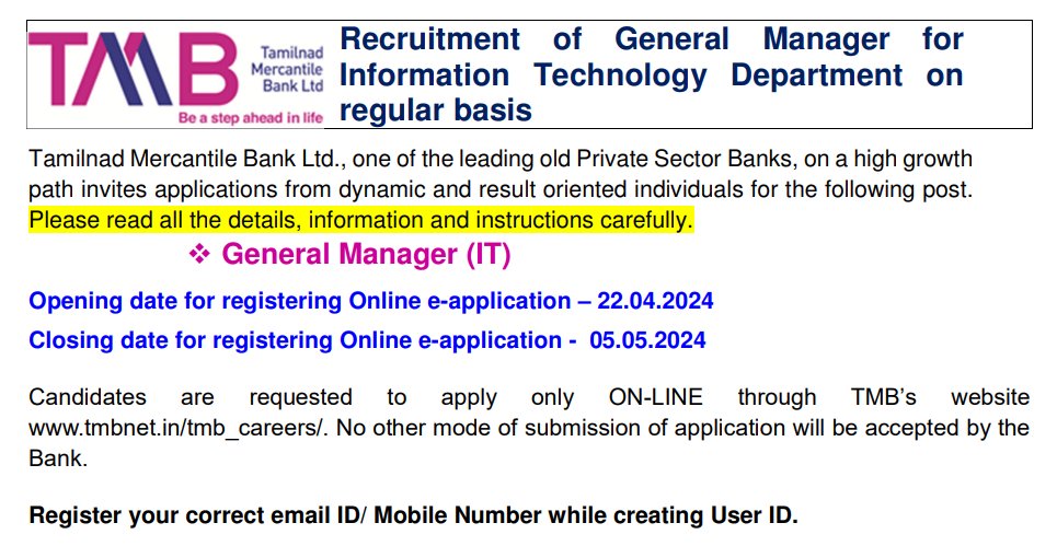 🏢Organization: TMB
🧑‍💻Position:  General Manager
🎓Qualifications: UG, PG Degree
🗓Last Date: 05.05.2024
🖇 Apply link: tngovjobs.in/04/2024/bank-j…

For more jobs pls join : telegram.me/tngovjobsin

#JobAlert #JobAlert2024 #jobs #vacancy #employmentnews #tngovjobs