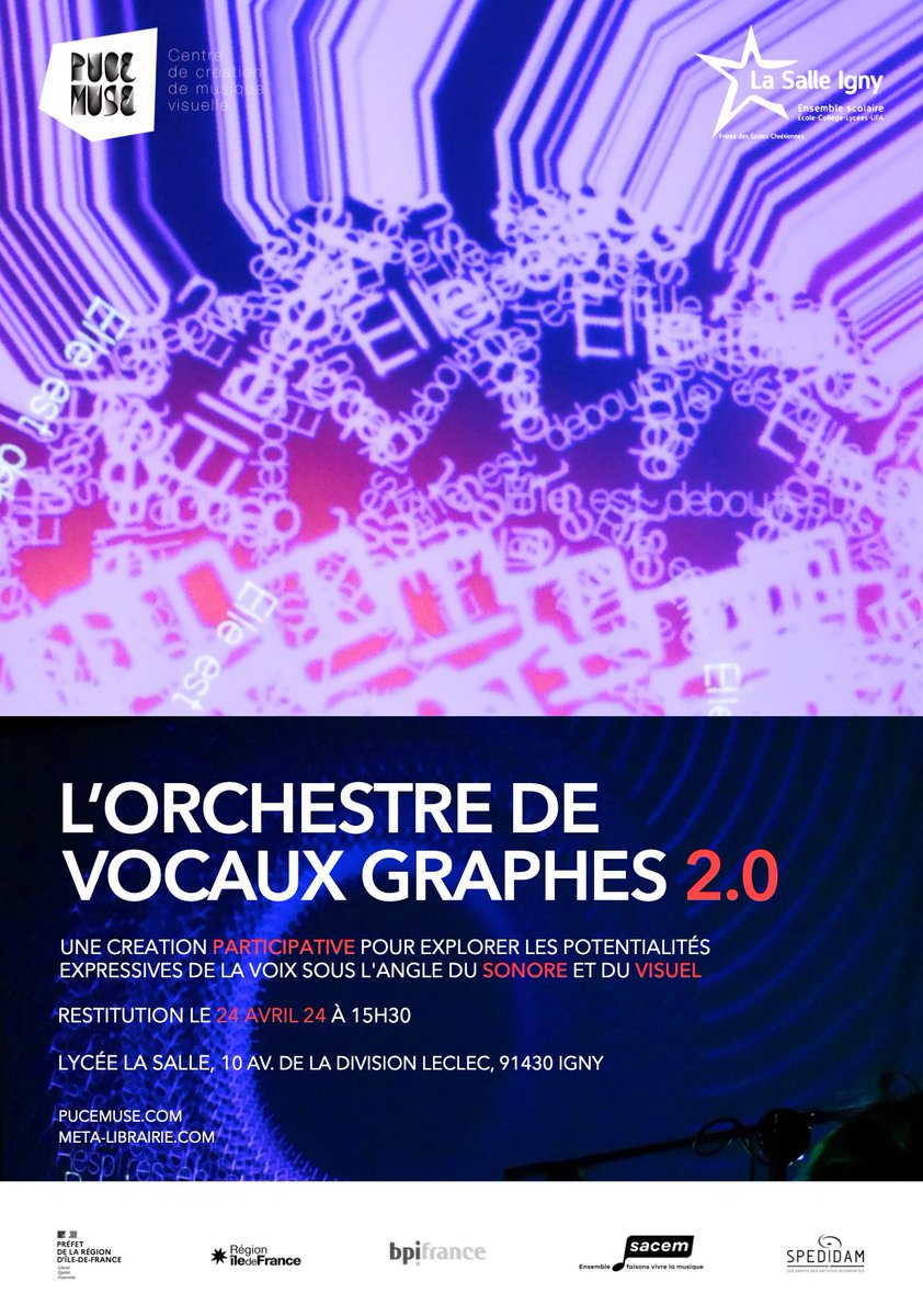 puce_muse's tweet image. Le 24 avril, les élèves du Lycée La Salle à Igny participent à un concert, L'Orchestre de Vocaux Graphes 2.0, basé sur des ateliers avec PUCE MUSE. Utilisant l'application MONO-TEXTE, le concert transforme les textes et les sons de façon dynamique et en 3D.