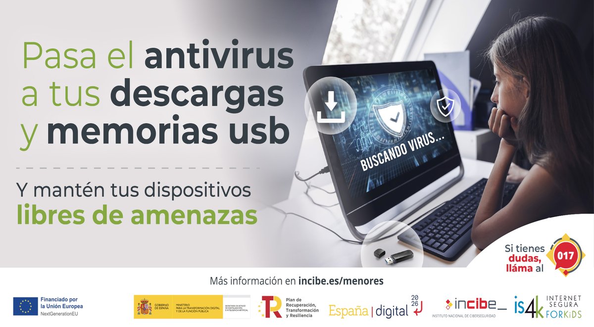 Muestra a tu hijo/a 👦👧 la importancia de analizar con un #antivirus los archivos que descarga de #Internet 🌐 para evitar situaciones de infección por #VirusYMalware 👾 apoyándote en esta imagen.

incibe.es/menores/temati…