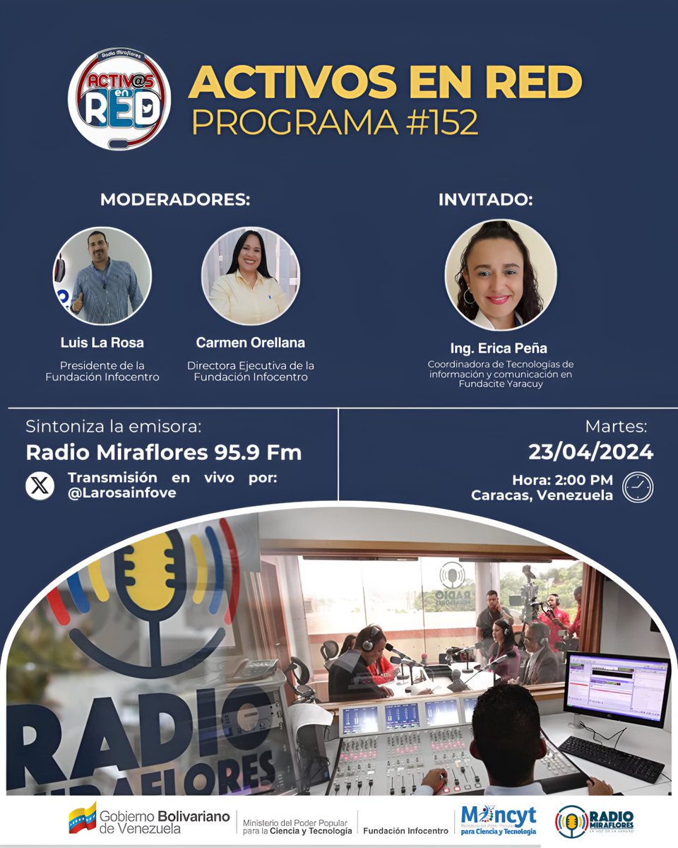 Car57BC's tweet photo. #22Abr
Mañana, martes #23Abr, no se pierdan el programa #152 de @activosenredve, que se transmitirá por 89.5 FM a partir de las 2:00 pm
#ActivosEnRed nos llevará a un viaje fascinante por el mundo de la ciencia y la tecnología. @LaRosaInfoVE
@brigadasCHCH @InfocentroOce https://t.co/eAC9887n2S