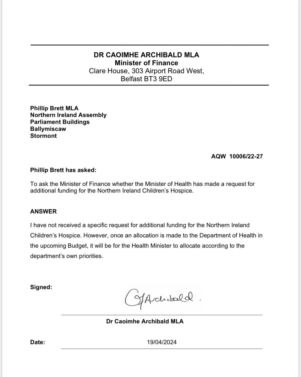 Hugely disappointing that the Minister for Health has still not made a specific request for additional funding for the Northern Ireland Children’s Hospice. This funding is required to help the most vulnerable. The lack of action to date is completely unacceptable.