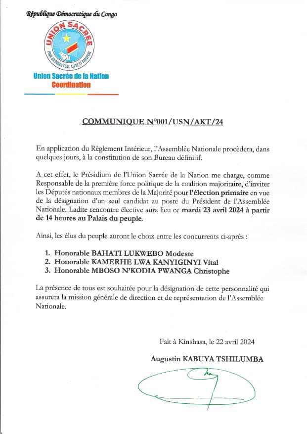 afrikarabia's tweet image. 🔴#RDC L'Union décide d'organiser mardi 23 avril une élection #primaire pour départager @PLukwebo @VitalKamerhe1 et  @CMbosoNkodia au poste de Président de l'@AssembleeNatRDC. Un document signé par le patron de l'#UDPS @AugustinKabuyaT... le sort de @VitalKamerhe1 est-il déjà