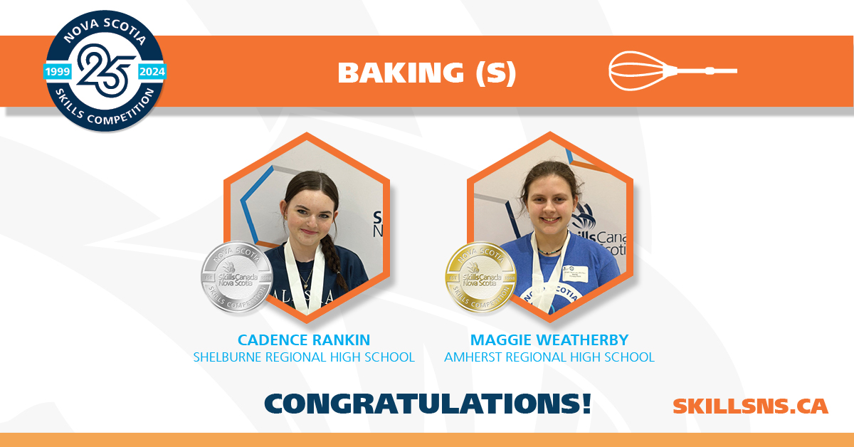 Congratulations to the winners of the Secondary Baking event at the 2024 Nova Scotia Skills Competition!

#2024NSSkillsCompetition #SkilledTrades #Technology #NovaScotia #Baking
@ARHS01835634 @SRHSRebels @TCRCE_NS