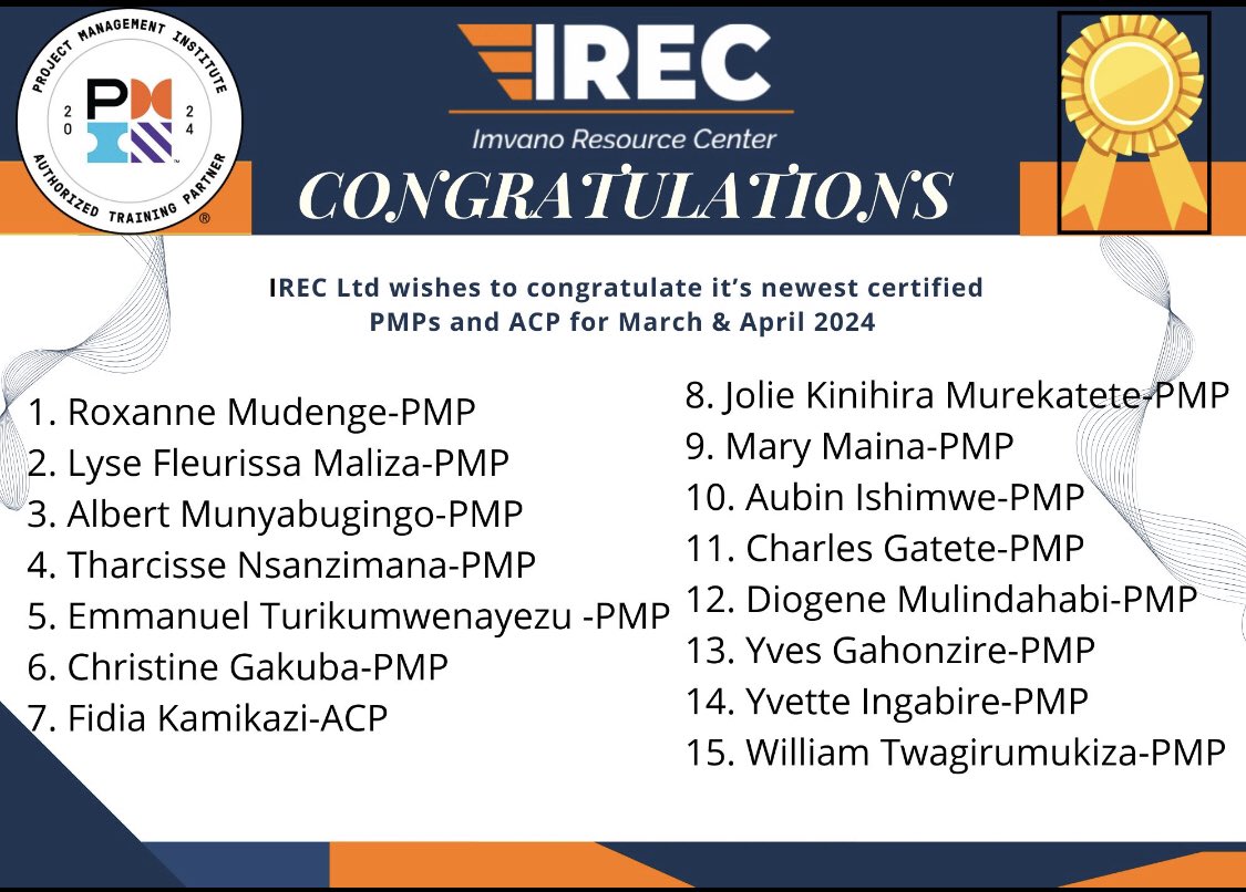 Congratulations on passing PMI's PMP and ACP certification exam'!
Earning the Project Management Professional (PMP) certification is a significant milestone in your carrier journey.
Thank you for choosing IREC for your PMP/ACP training and exam preps.