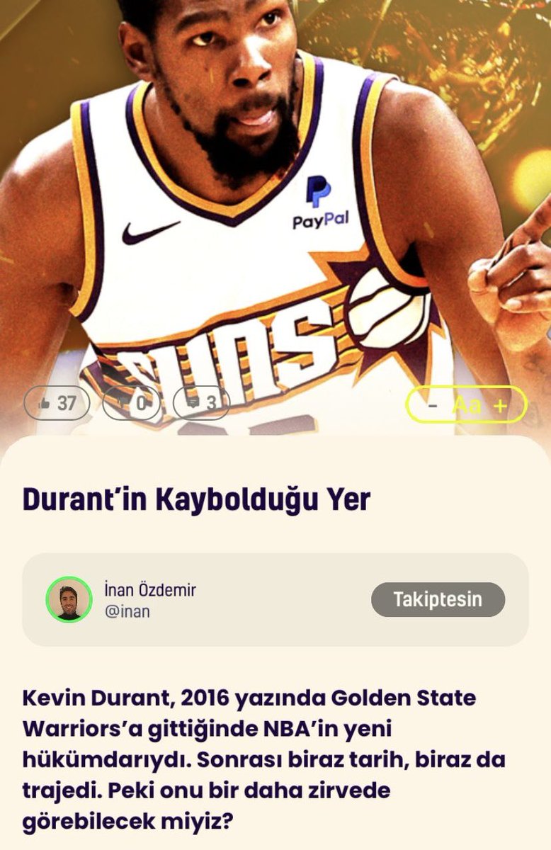 Bir Kevin Durant portresi yazdım. Kaderini değiştiren şut, saha içi ve dışı tercihleri, Edwards gibi genç yıldızlara etkisi ve bu playoff’un önemi… Okumak isterseniz The Rival’da: link.therival.com/indir