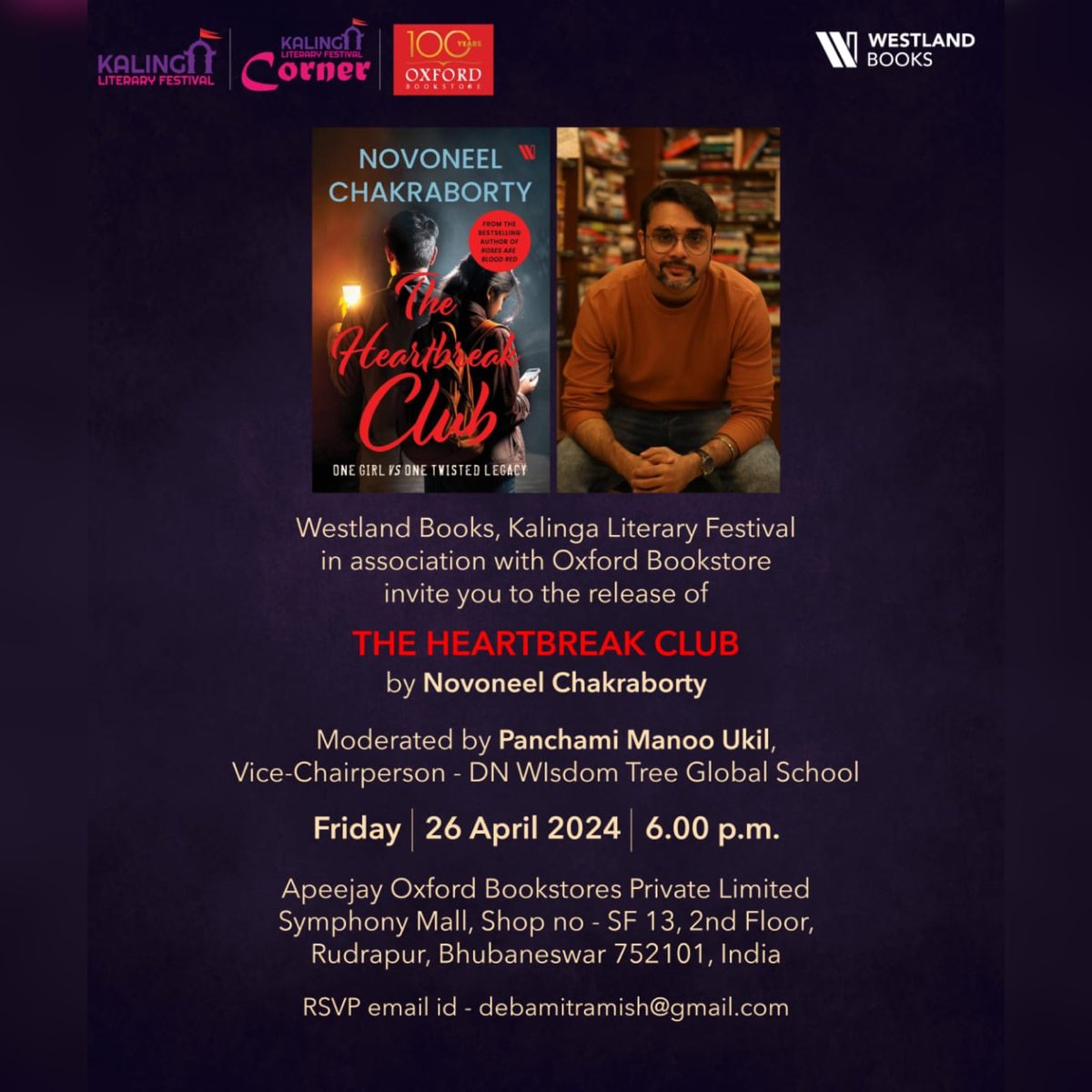 This Friday, let’s meet Bhubaneshwar? @kalingalitfest @oxfordbookstore @WestlandBooks #theheartbreakclub