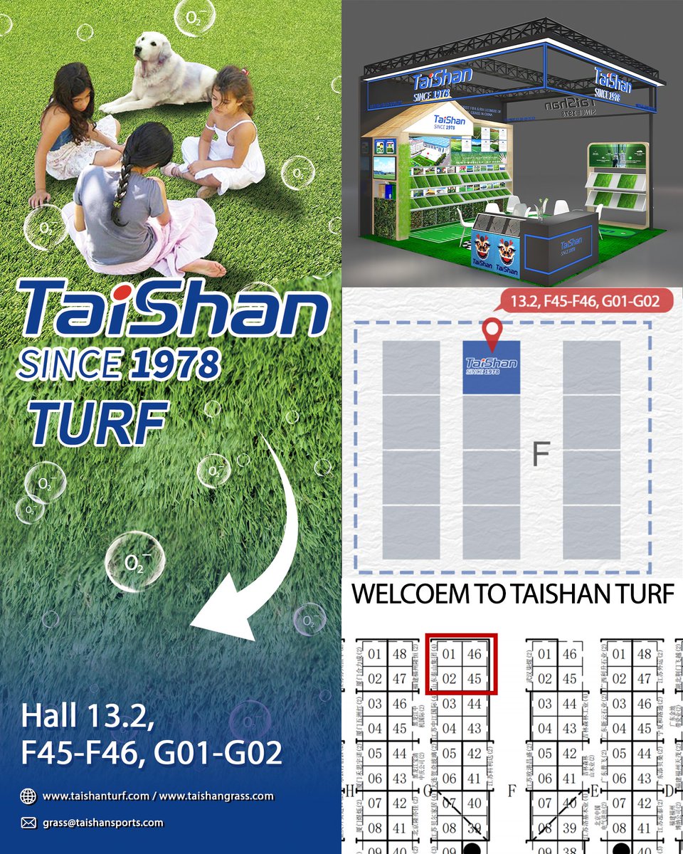 WELCOEM TO TAISHAN TURF BOOTH NUMBER: HALL OF 13.2, F45-F46, G01-G02
Any Questions,Welcome our website:taishanturf.com or taishangrass.com. Please email:grass@taishansports.com.

#CantonFair #ArtificialTurf #ArtificialGrass #ArtificialTurfmadeinChina