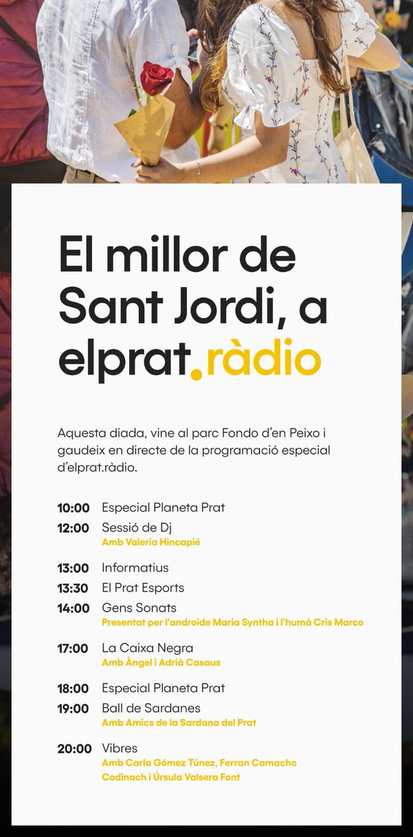 Celebrem #SantJordi🌹📚 i el 22è aniversari de @elpratradio 

Vine a viure la ràdio en directe al Fondo d'en Peixo. 

A partir de les 13.30h parlem amb @ManoloGol11 i el 'Futbol Potablava pel Món' I tindrem a @JoanCanadas per parlar del seu llibre, La Mentalitat del Porter