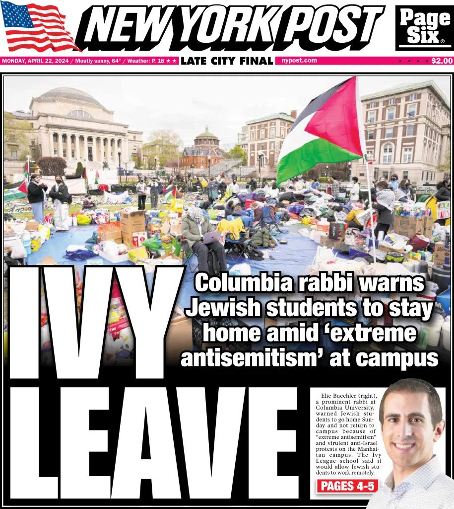 This goes well beyond Jewish students feeling unsafe at @Columbia University. A campus Rabbi is advising Jewish students at Columbia/Barnard to go home until campus is safe again. This isn’t normal and this was never about Israel. Terrifying. nypost.com/2024/04/21/us-…