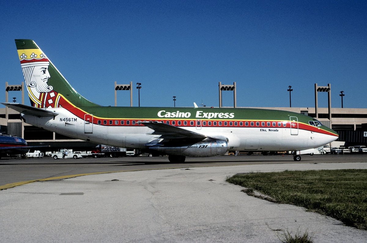 Casino Express Boeing 737-2H4 N456TM DFW/KDFW Dallas Ft. Worth International Airport October 1991 Photo credit Steve Tobey #AvGeek #Airline #Aviation #AvGeeks #Boeing #B737 #CasinoExpress #DFW @DFWAirport #Dallas