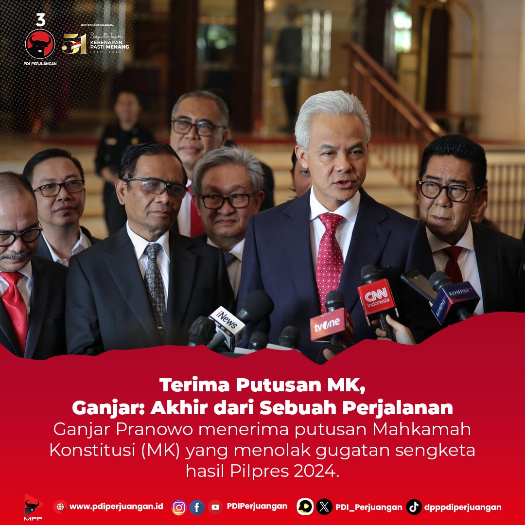 PDI_Perjuangan's tweet photo. Terima Putusan MK, Ganjar: Akhir dari Sebuah Perjalanan.
Ganjar Pranowo menerima putusan Mahkamah Konstitusi (MK) yang menolak gugatan sengketa hasil Pilpres 2024.

Saya dan Pak Mahfud tinggal hari ini saja, akhir dari sebuah perjalanan, maka apa pun keputusannya kami sepakati untuk menerima, kami terima.

Mahfud MD juga mengatakan menerima putusan MK. 
Kami menerima, demi keadaban hukum. Karena keadaban hukum itu ketika membuat hukum harus benar ketika menegakkan hukum harus benar ketika menerima putusan juga harus sportif," ujarnya.

#PDIPerjuangan
#M3nangkanRakyat
#KebenaranPastiMenang
#SatyamEvaJayate