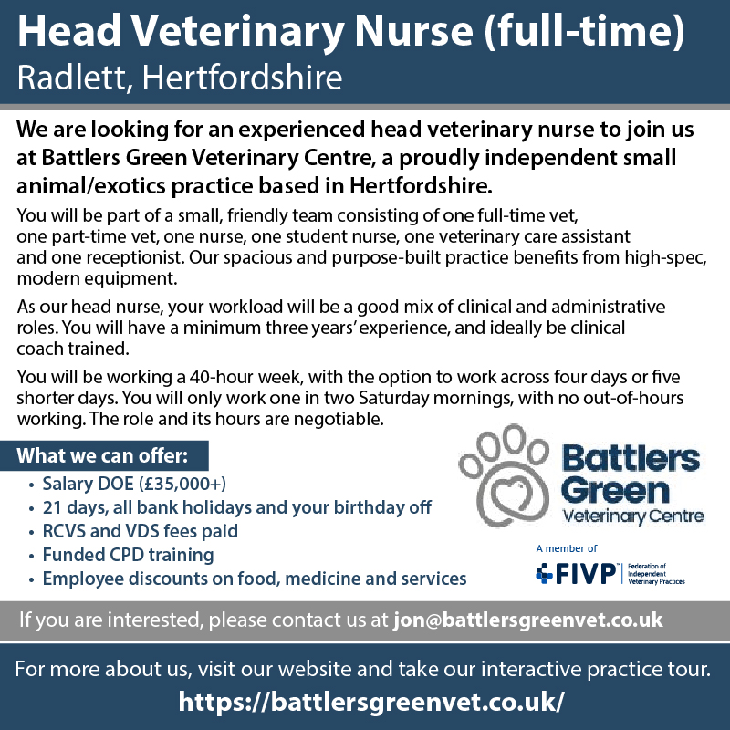 Battlers Green Veterinary Centre is looking for a head nurse to join their small, friendly team!

A good mix of clinical and administrative roles in this purpose-built practice.

Learn more on the practice website:

#veterinarycareers #independentpractice