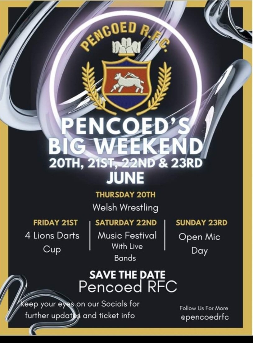 Big weekend, June 2024.

#PencoedRFC
#Pencoed
#BigWeekend2024
#LiveMusic
#Darts
#OpenMic