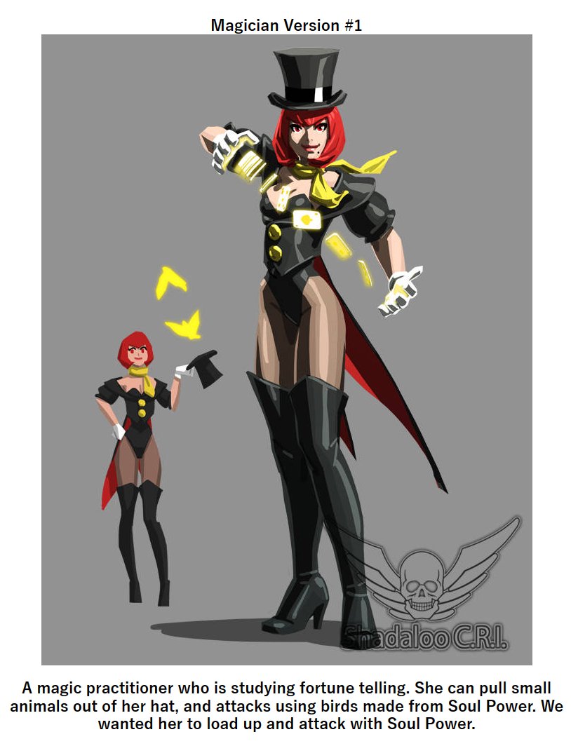 Looking at early Street Fighter V designs. The proposals which eventually led to Menat started out as various red-headed Italian girls: a 'pizza assassin', a manga obsessed delinquent who reads DBZ fanfics, and a magician whose haircut seems to have been recycled for Marisa in 6.