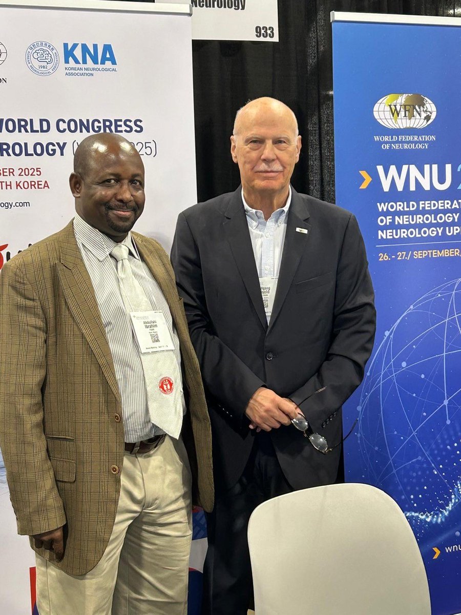 Abdullahi Ibrahim, the recipient of a department visit programme in Turkey in 2013, met up with Prof. Grisold at the WFN booth during #AAN2024 in Denver. #WFN #Neurology