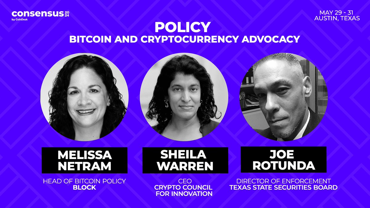 Join the conversation at #Consensus2024 with policy and advocacy leaders like @crypto_council's @sheila_warren, Block's @MelissaNetram and Texas State Securities Board's @joe_rotunda. Explore all our speakers: consensus2024.coindesk.com/speakers/?term…
