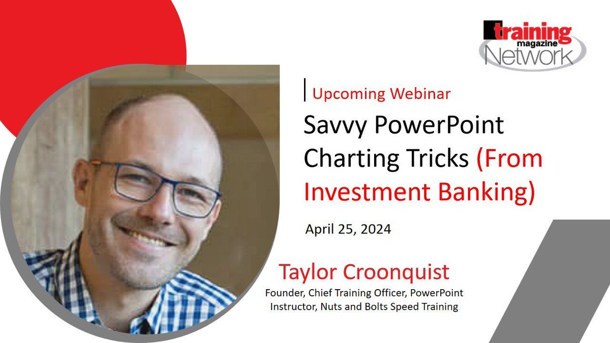 FREE WEBINAR: Savvy #PowerPoint Charting Tricks (From Investment Banking)
@Nuts_BoltsPPT REGISTER: buff.ly/3J5VGeL #training #learning #traininganddevelopment #learninganddevelopment #presentation #powerpointpresentation #elearning