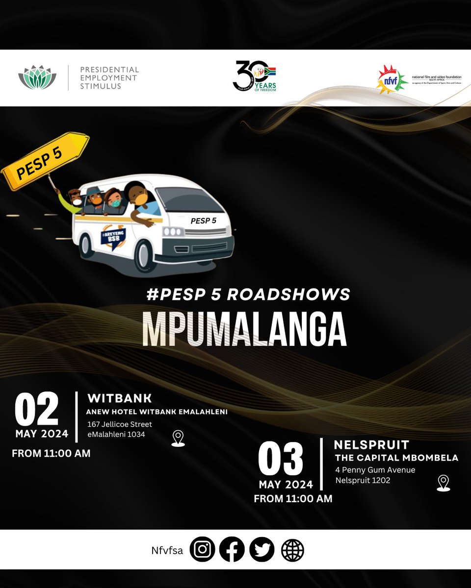 The PESP 5 team will be visiting your town as promised. They will speak to the PESP5 call, help with the application process, and answer any questions you may have. The team will be in Mpumalanga on 2nd and 3rd May 2024. Don't forget to mark your calendars! #lovesafilm #PESP5