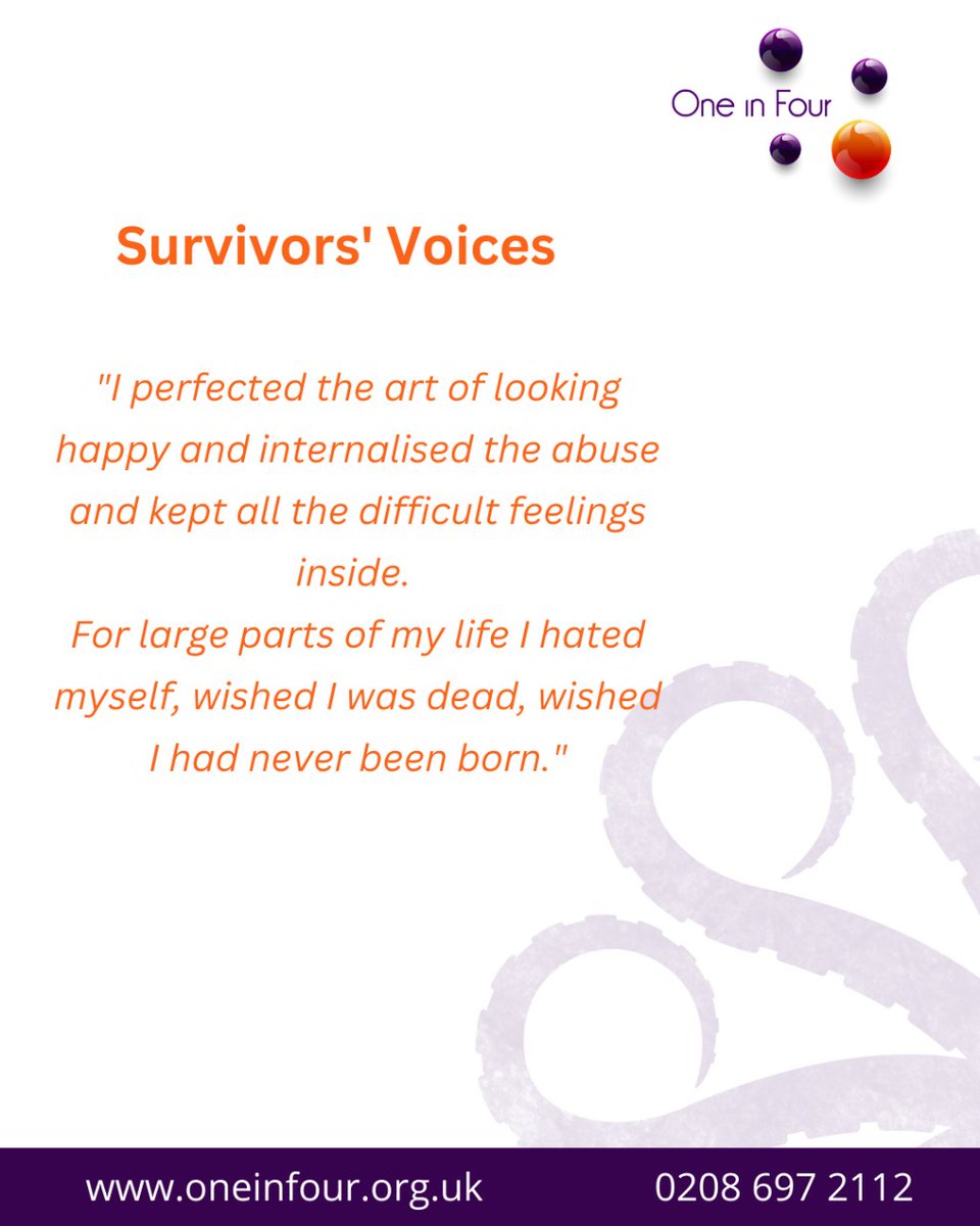 The hidden nature of child sexual abuse is at the centre of making everything look “normal” as if the abuse was actually not taking place.  We support survivors. As a charity, we rely on your support. oneinfour.org.uk

#supportingsurvivors #youarenotalone #endchildabuse