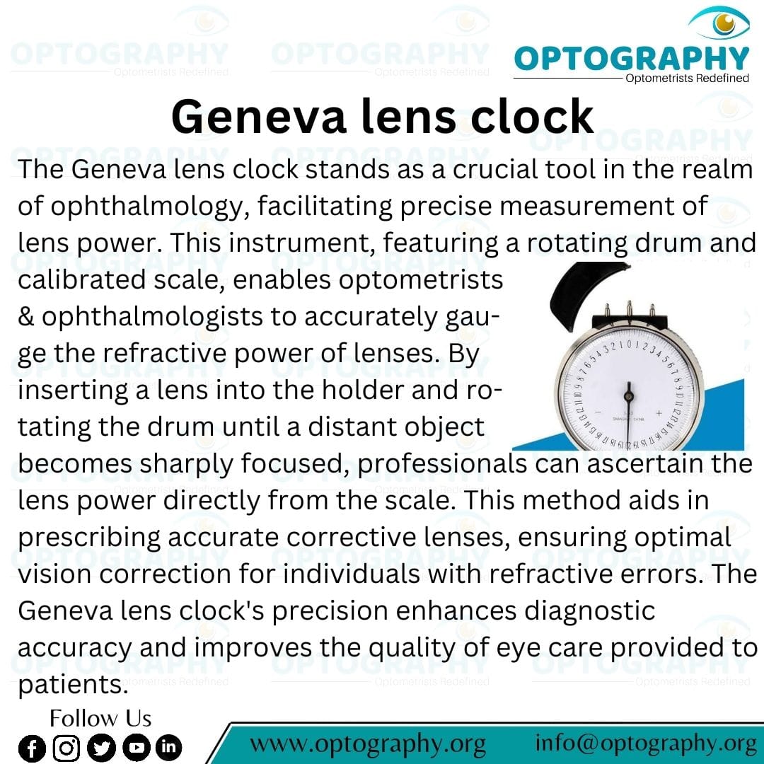 The Geneva lens clock gives the measurement of the base curve of the lens, which helps by providing the accurate power.
#Optography #Eyehealth
#Optometry
#Measurement
#Genevalensclock