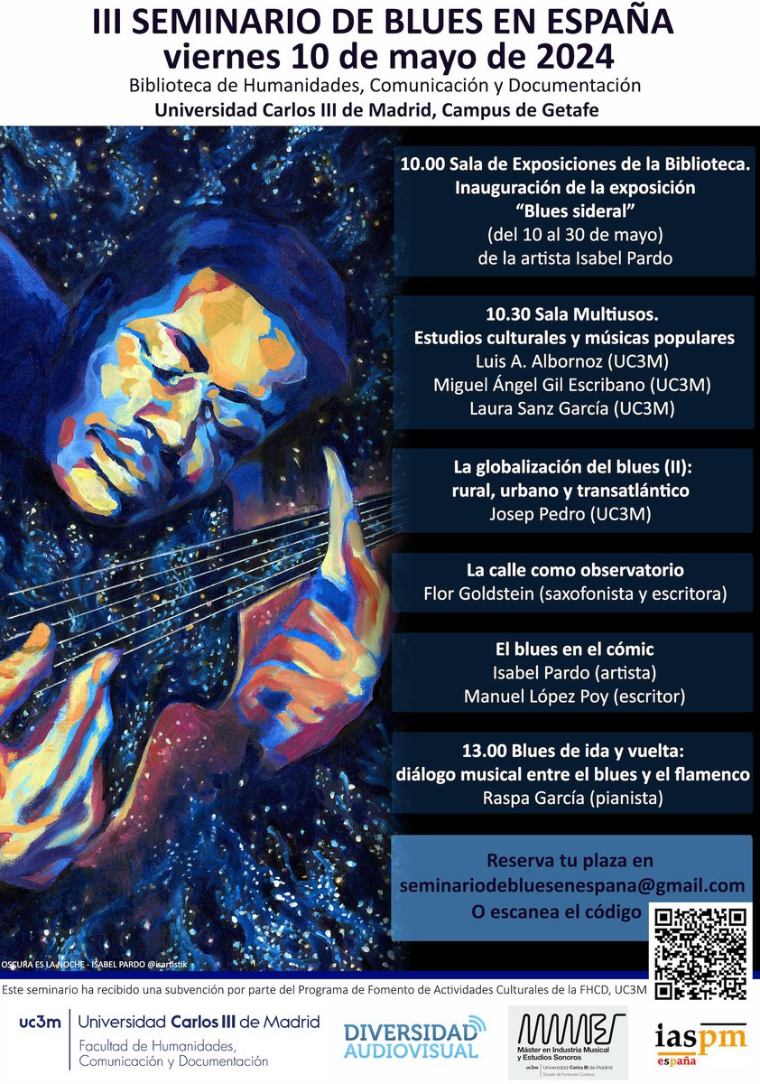 El próximo 10 de mayo celebramos el III Seminario de Blues en España. 📍Biblioteca de Humanidades, Comunicación y Documentación de la UC3M (Campus Getafe) Para reservar plaza y asistir al seminario se debe completar el siguiente formulario: forms.gle/iy7rbCFVxU9ygR….
