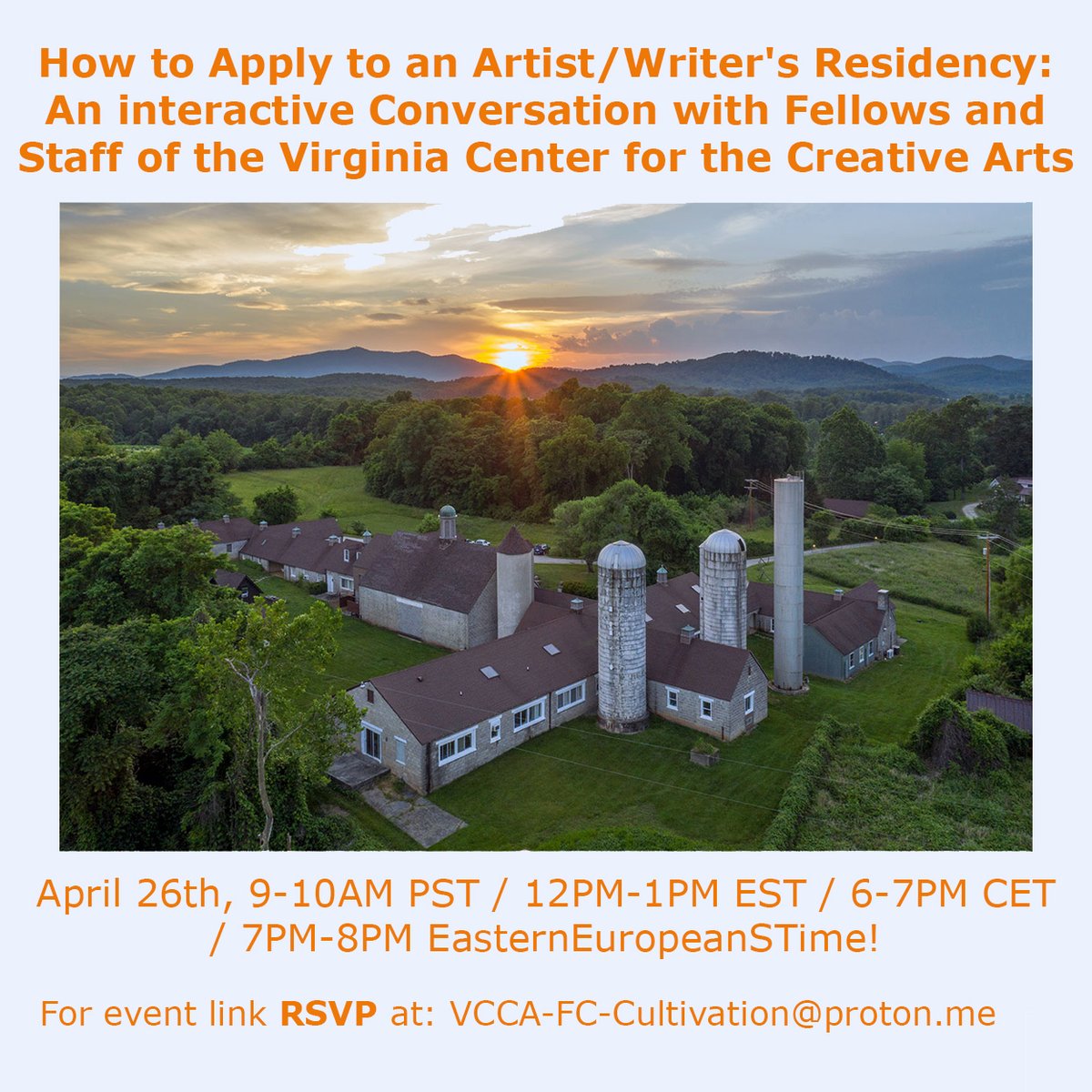 Thinking about applying to an artist or writer residency? Questions about determining if a residency is a good fit for you/portfolio/what to include in the bio and artist statement? Free online event featuring VCCA staff and experienced VCCA fellows. #callforsubmissions #writers