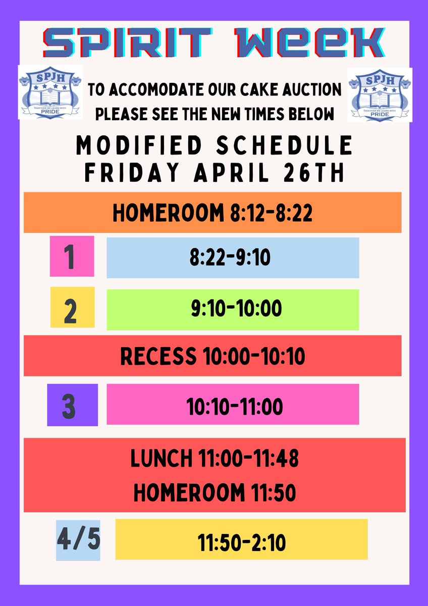 🚨 Attention, SPJH students and staff! 🚨 Please note the modified schedule for Friday, April 26 to accommodate the highly anticipated Cake Auction. Get ready for some sweet excitement! 🍰