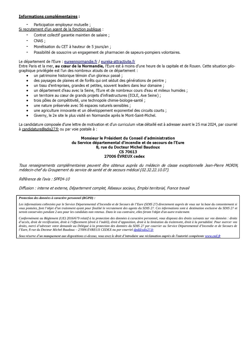 #teamSdis27 #JobEure recherche son #pharmacien gérant de pharmacie à usage intérieur #PUI ⏲️Poste à mi-temps ou temps complet 👉Gérer la #PUI 👩‍⚕️Encadrer un parapharmacien 🤝relations avec les fournisseurs 📚formation des🧑‍🚒 ➕... Vivez une expérience incroyable @Ordre_Pharma