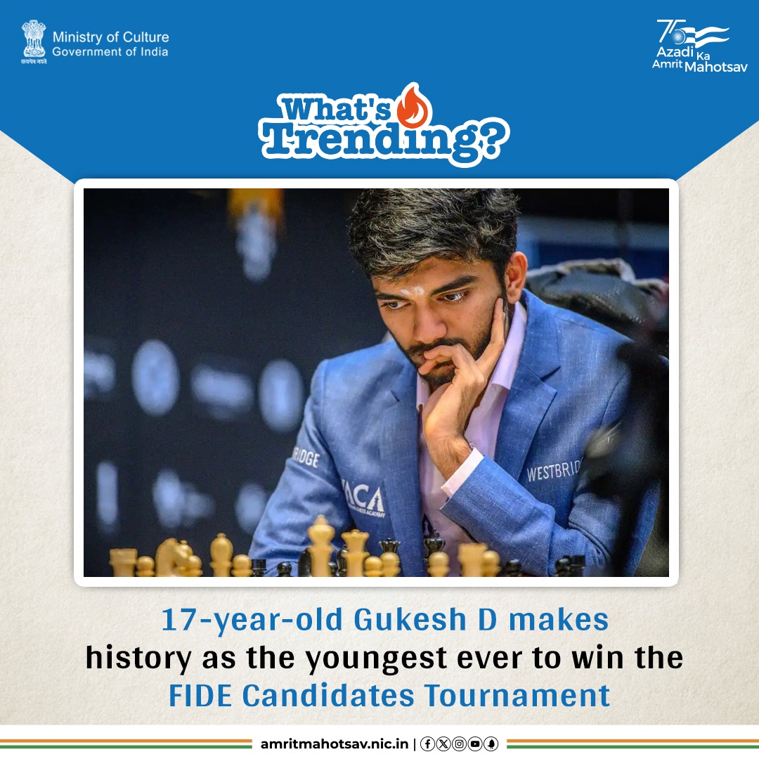 History made! At 17, Bharat's #GukeshD has become the youngest-ever winner of the #FIDECandidates Tournament 2024 in Toronto. He's only the second Indian to win this tournament after Viswanathan Anand. PROUD!

#AmritMahotsav #WhatsTrending  #CultureUnitesAll #MainBharatHoon