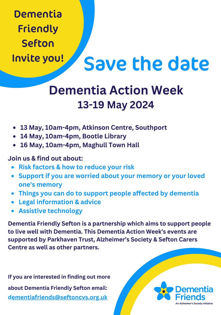 💚 Save the date! Sefton Council for Voluntary Service - CVS buff.ly/3QcwRSi #DementiaActionWeek24