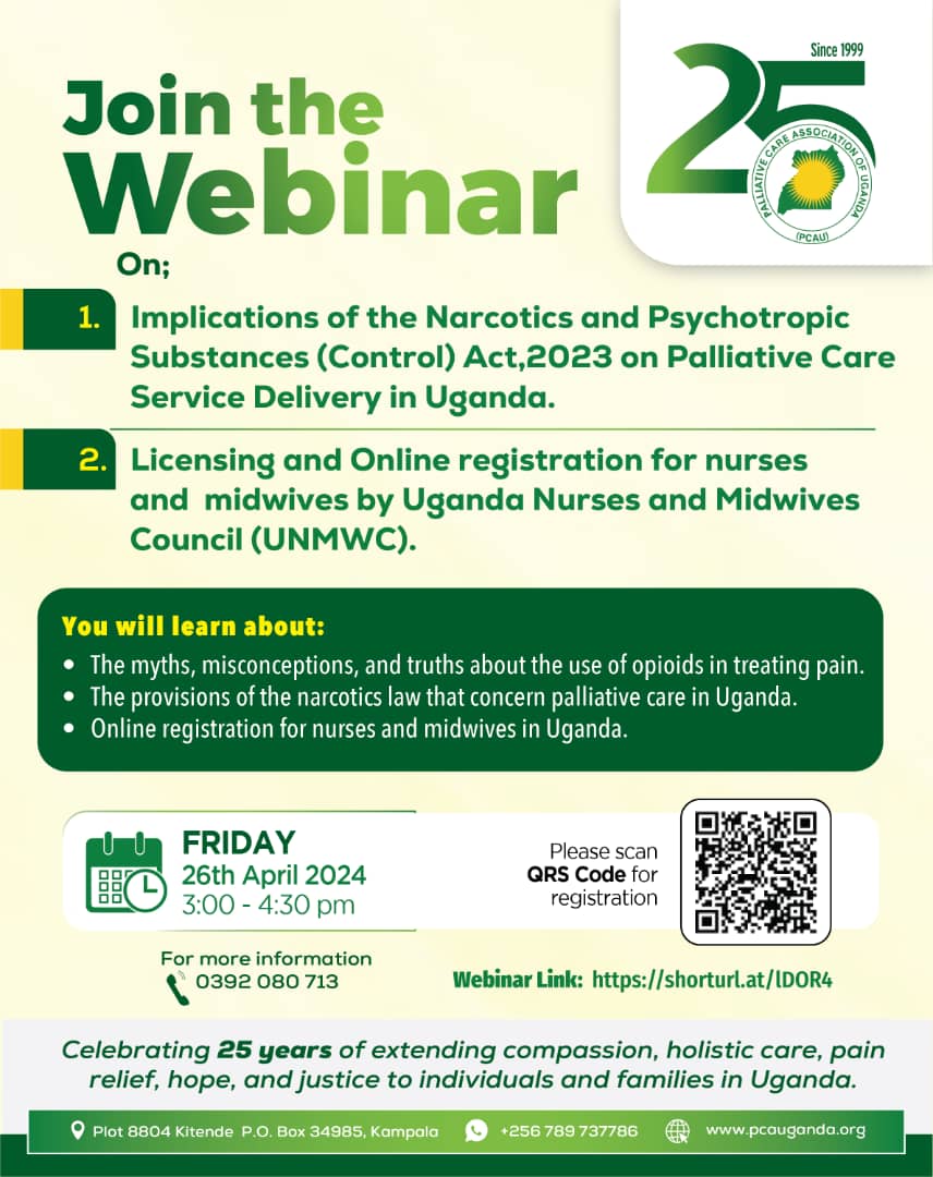 Don't miss. Join the webinar hosted by @PCAUganda *this Friday 26th April from 3:00 - 4:30 pm EAT* to understand the implications of the Narcotic Drugs and Psychotropic Substances (Control) Act, 2023, and discover new developments and the online registration by the Uganda Nurses…