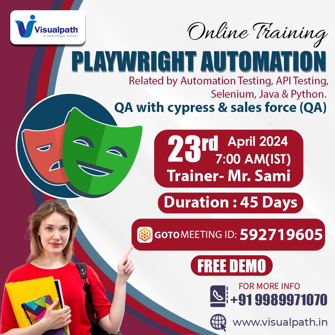 VisualpathPro's tweet image. Join Now: bit.ly/3Q87H71
Attend Online #FreeDemo on #Playwrightautomationtesting 
Demo on: 23rd April , 2024@ 7:00 AM (IST)
Contact us: +91 9989971070
WhatsApp: bit.ly/47eayBz
Visit: visualpath.in/playwright-aut…
#PlaywrightJS #software #student #ITSkills #education