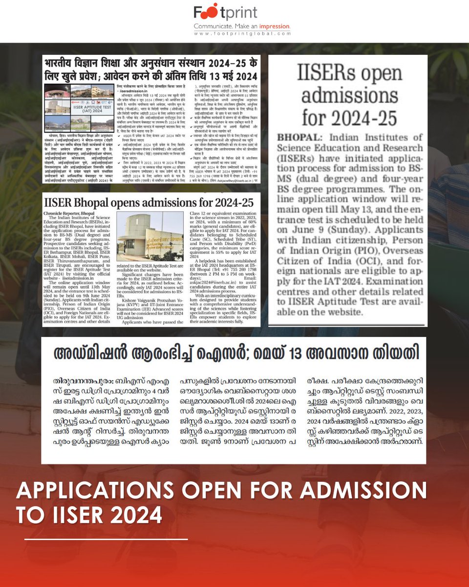 IISERs Open Admissions For 2024-25

The deadline to fill the online applications for the IAT is May 13, 2024. The entrance test is scheduled to be held on June 9, 2024.

Read More: ndtv.com/education/iat-…

#iiser #IAT2024 #IISERAptitudeTest #IAT #AdmissionsOpen @IISER_BERHAMPUR